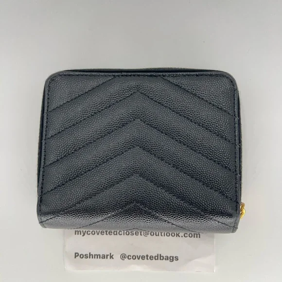 Authentic YSL Black Leather Chevron Pattern Wallet with Gold Logo - Picture 3 of 11